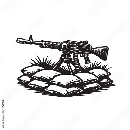 Military Machine Gun Position with Sandbag Fortification Vector Illustration.

