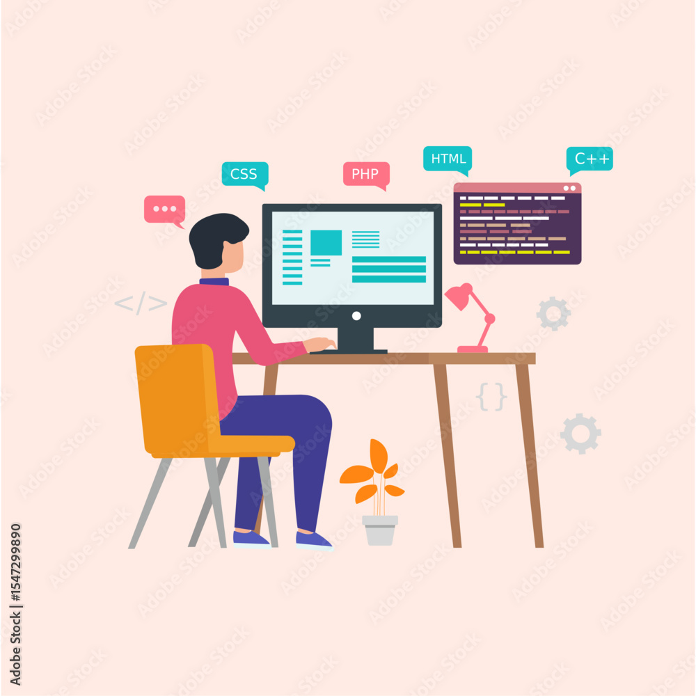 Male web developer doing research on development Illustration Male web developer doing research on development Illustration