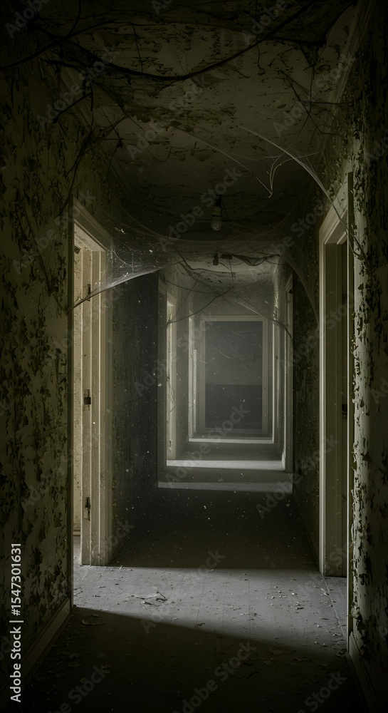Fototapeta premium Corridor within an abandoned house features peeling wallpaper and thick cobwebs that hang from the dark and dusty ceiling.
