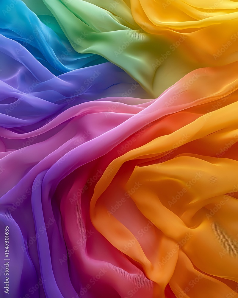 Obraz premium Vibrant rainbow colored silk fabric with soft flowing waves and folds creating an abstract pattern of purple, pink, orange, yellow, green and blue hues for luxury design backgrounds.