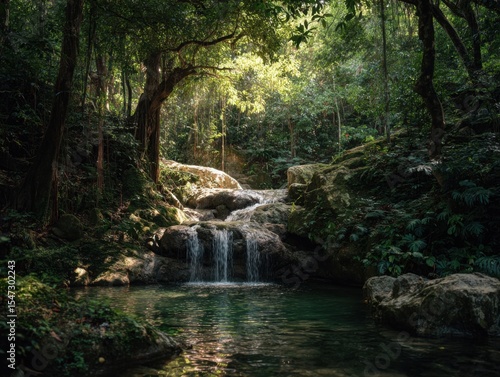 A Jungle Waterfall During The Golden Hour Of Light
