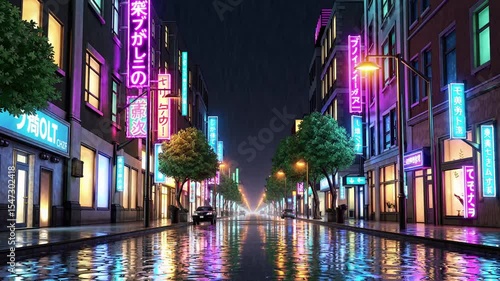 Rainy neon-lit anime-style Japanese city street at night, inspired by cyberpunk and lofi aesthetic, featuring glowing shop signs, wet pavement, and a calm, futuristic urban vibe