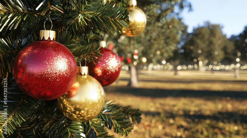 Fototapeta premium Christmas ornaments on a tree branch outdoors.