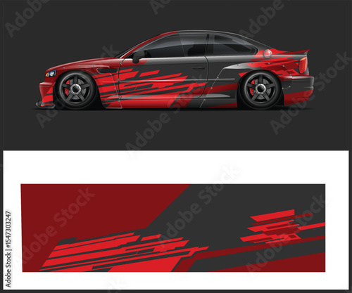 Red and Gray Sports Car with Racing Stripes and Graphic Overlay