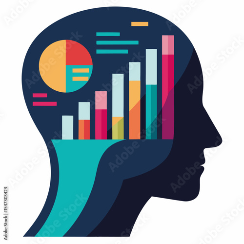 Side profile silhouette of a head with integrated data charts and graphs