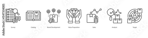 Brand Development banner web icon set vector illustration concept with icon of survey, catalog, brand development, value proposition, sales, analysis, target