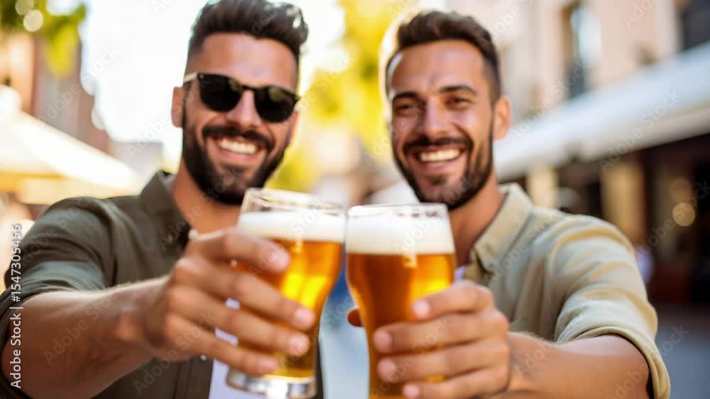 Two smiling men toast each other with pints of beer outdoors on a sunny day, celebrating and enjoying a cheerful moment together. Two smiling men toast each other with pints of beer outdoors on a sunny day, celebrating and enjoying a cheerful moment together.