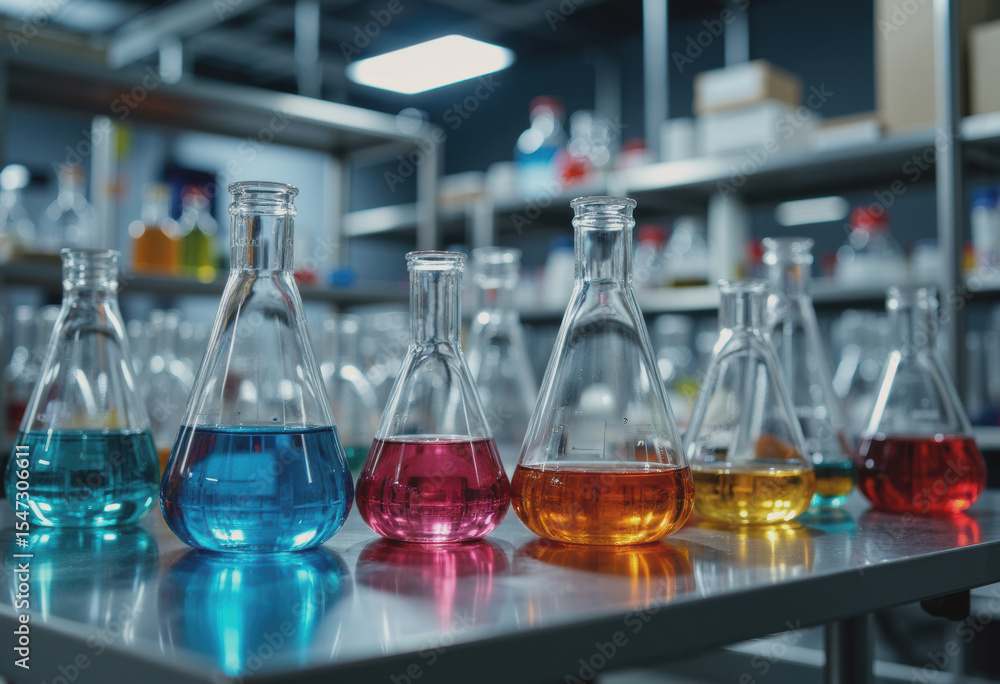 Colorful lab glassware filled with liquids on a metal rack in a chemical facility Colorful lab glassware filled with liquids on a metal rack in a chemical facility