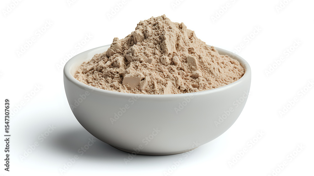 Finely ground protein powder or supplement mix in white ceramic bowl isolated on white background, ready for fitness and nutrition use. Finely ground protein powder or supplement mix in white ceramic bowl isolated on white background, ready for fitness and nutrition use.