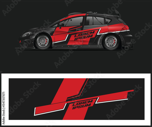 Sleek Black and Red Rally Car with Custom Graphics and Wrap Design