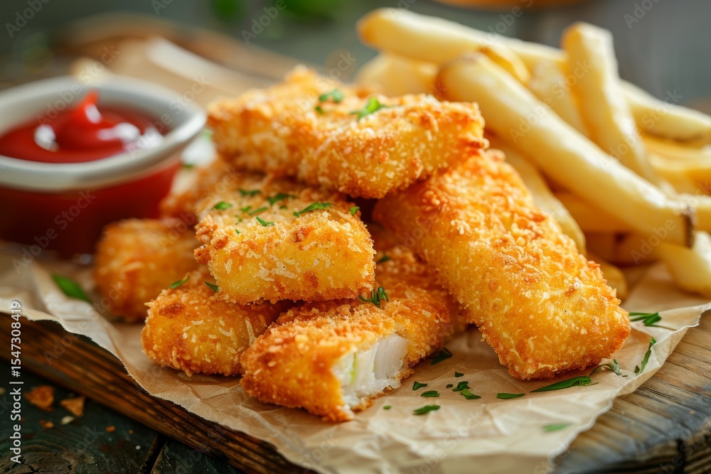 Classic Comfort: Fish Sticks & Fries on Wooden Boards Classic Comfort: Fish Sticks & Fries on Wooden Boards