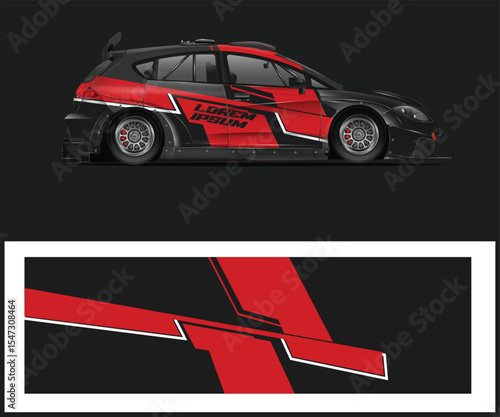 Sleek Black and Red Racing Car with Custom Graphics and Livery Design