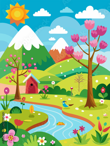 Springtime Landscape. Serene Mountain View with Blooming Flowers and Birds
