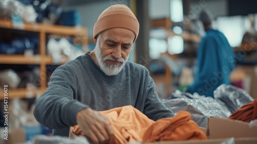 Engaged senior man sorting clothes for donation in a warehouse environment