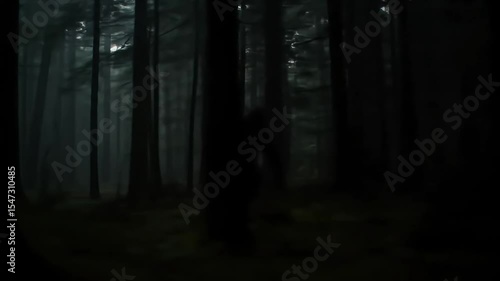 Bigfoot Silhouette in Dark Misty Forest