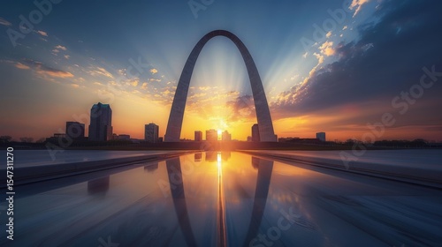A colossal archway , spanning a vast cityscape , precise alignment , clean lines , radiating energy 