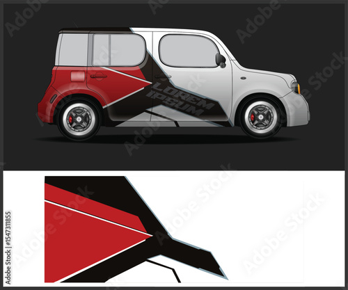 Modern car wrap design with geometric shapes and vibrant color scheme