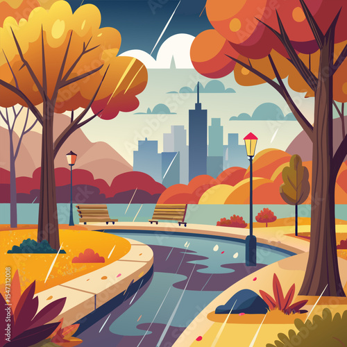 Autumnal City Park. A Rainy Day in the Urban Landscape