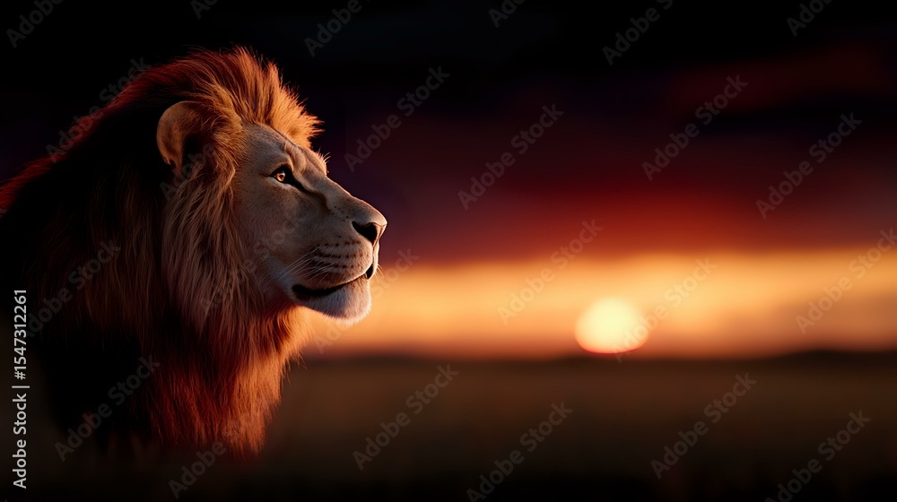 Naklejka premium Majestic male lion with flowing mane silhouetted against dramatic sunset sky with glowing orange sun and dark red clouds, side profile portrait showcasing strength and nobility.