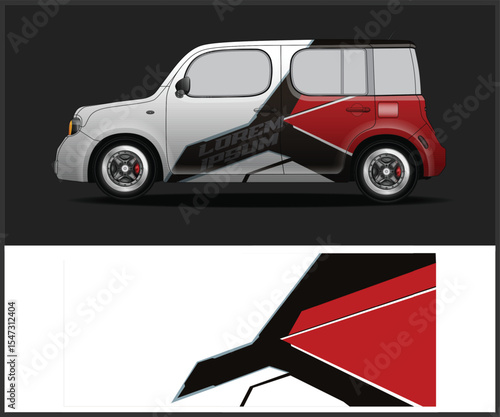 Compact Car Wrap Design with Red and Black Graphics on a Gray Background