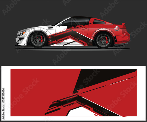 Modern Sports Car with Custom Red White and Black Wrap Design