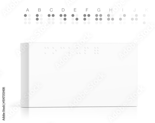 Realistic white closed paperboard box mockup with The Braille Alphabet. Vector illustration isolated on white background. Can be use for medicine, food, cosmetic and other. EPS10.