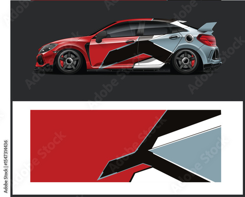 Red and Gray Hatchback Car with Custom Racing Livery Design Template