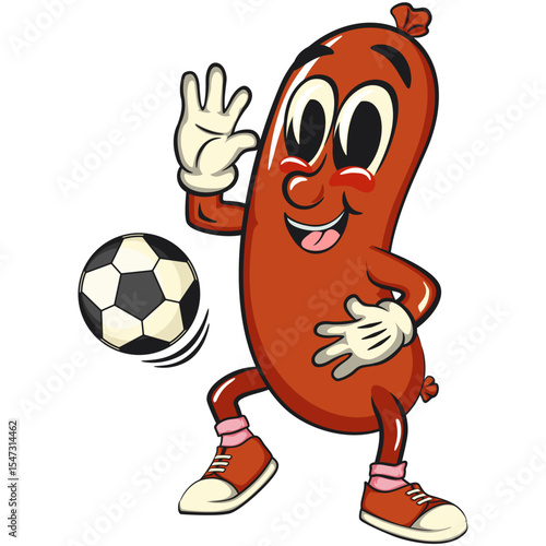 Cheerful sausage cartoon mascot play football or soccer, fun meat snack character illustration, isolated high-quality vector perfect for branding and design use, work of hand drawn