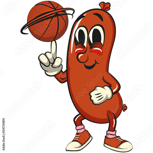 Cheerful sausage cartoon mascot spin the basketball with the index finger, fun meat snack character illustration, isolated high-quality vector perfect for branding and design use, work of hand drawn