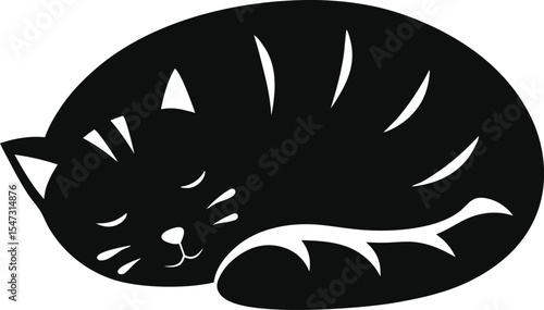 Curled Tabby Cat Silhouette: A Cozy Outline of a Striped Feline Napping Peacefully, Perfect for Capturing Comfort and Domestic Charm on a Clean White Canvas.
