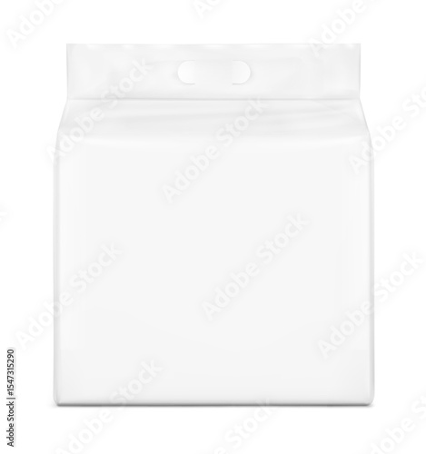 Realistic stand bag with hole handle mockup. Front view. Vector illustration isolated on white background. Suite for the presentation of diapers, wet wipes, pants, changing mats EPS10.