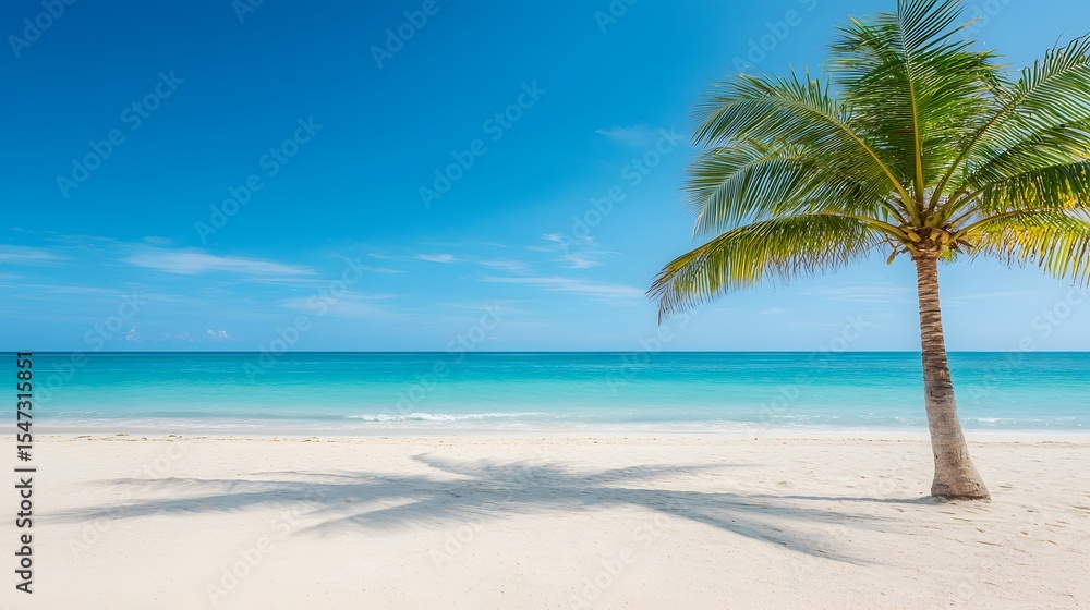 Serene Beach View with Palm Tree under Clear Blue Sky and Ocean Serene Beach View with Palm Tree under Clear Blue Sky and Ocean