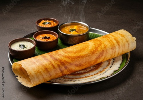 Crispy masala dosa with condiments