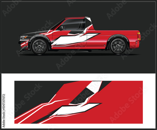Stylized Red and White Racing Truck Wrap Design on a Dark Background
