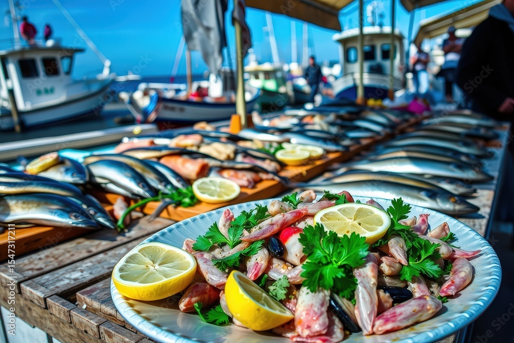 Fresh Seafood Market by the Harbor: Raw Fish and Octopus Salad with Lemon and Parsley Fresh Seafood Market by the Harbor: Raw Fish and Octopus Salad with Lemon and Parsley