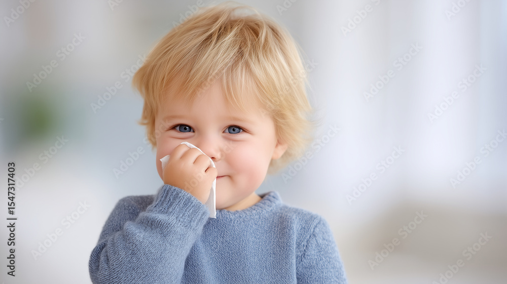 Blond toddler boy with blue eyes holding tissue to nose wearing blue sweater in bright room with soft background Blond toddler boy with blue eyes holding tissue to nose wearing blue sweater in bright room with soft background