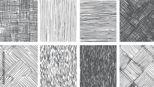 Eight Gray Scale Hand Drawn Line Textures Seamless Patterns Backgrounds Set Abstract Graphic Design Elements for Web Print Textile Fabric