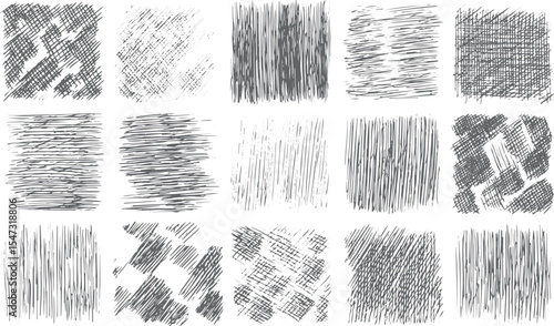 Collection of Sixteen Gray Scale Hand Drawn Line Textures Square Patterns Hatching Scribbles Sketching Graphic Design Elements