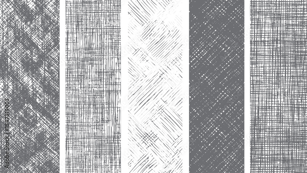 Five Gray Scale Textured Fabric Weave Patterns Seamless Backgrounds Vertical Stripes Crosshatch Lines Grunge Style Design Elements
