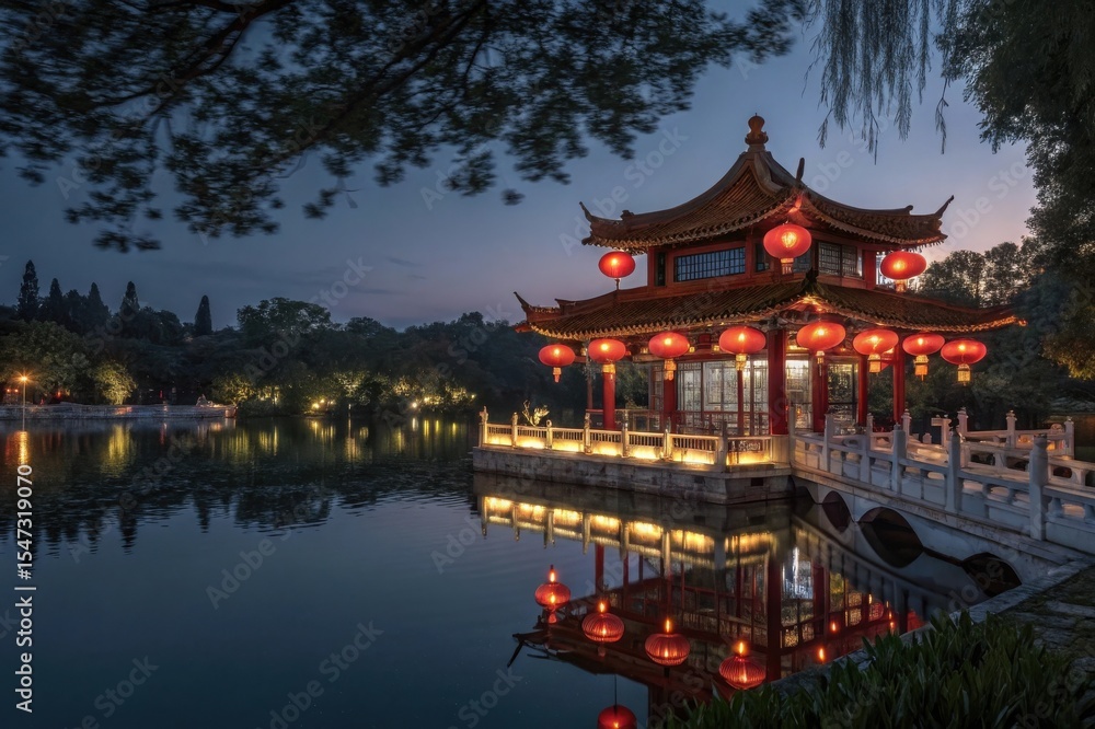 Fototapeta premium Illuminated chinese pavilion over serene lake at dusk