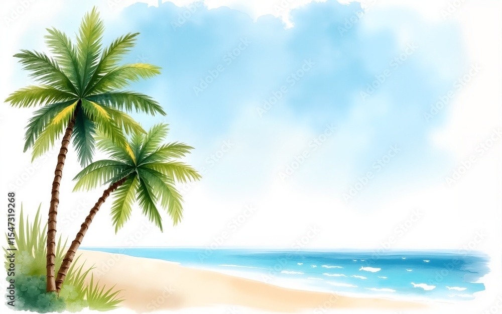 Watercolor Beach Scene with Palm Trees. High quality Watercolor Beach Scene with Palm Trees. High quality
