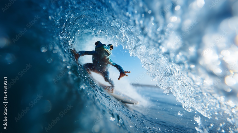 Naklejka premium A vibrant frog rides a surfboard inside a beautiful blue ocean wave, showing skill and playfulness in nature.