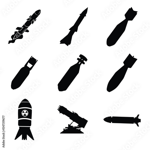 Military Weapon Silhouette Icon Set. Collection of rocket, missile, nuclear bomb, and army armament solid glyphs.