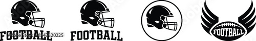 Set of black American football logo icons including helmet, ball, shield, and team emblem design
