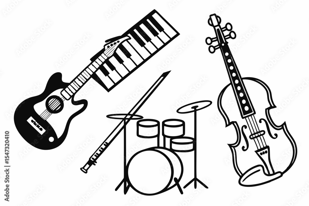 Fototapeta premium Various musical instruments isolated on white background in black and white