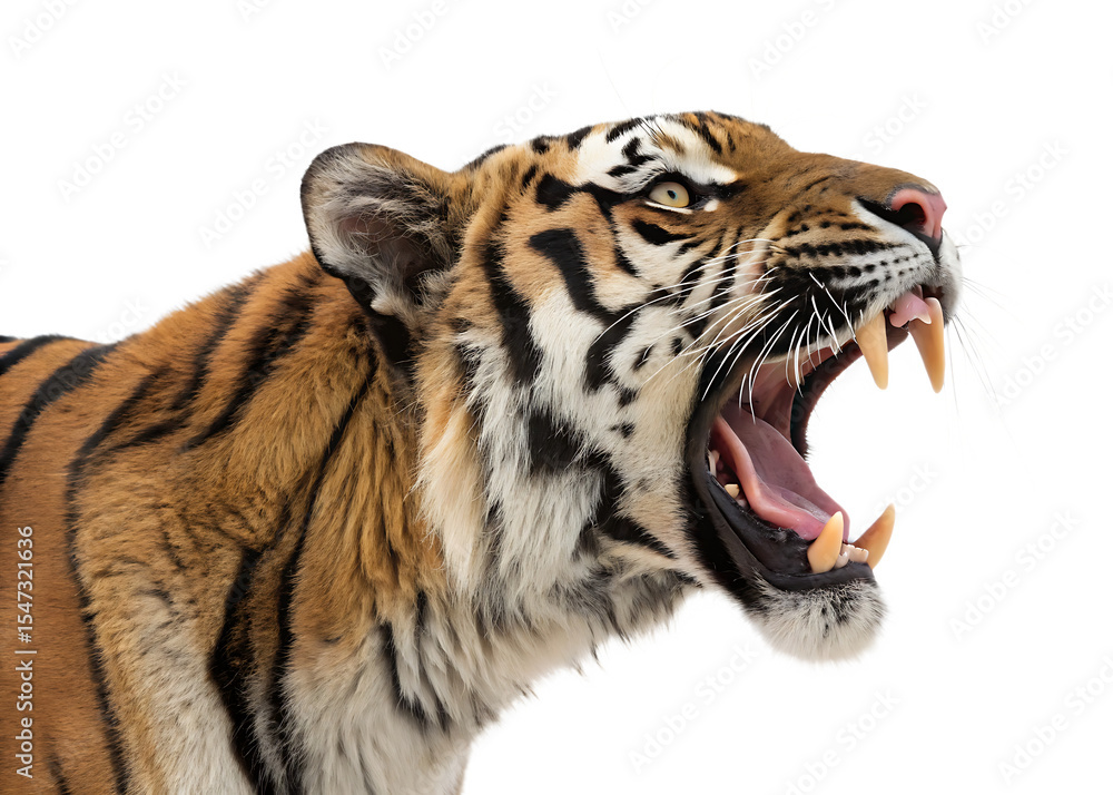 Fototapeta premium tiger-roaring-with-its-sharp-teeth-visible- isolated on white background png, ai generated