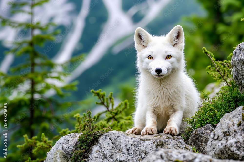 Obraz premium A white fox sitting on top of a rock in the mountains
