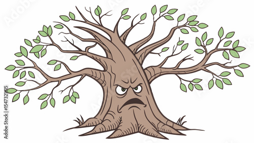 the wrath of time, wise face expressing anger, green tree with roots