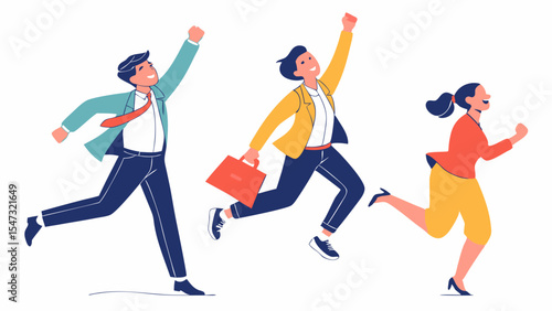 Vector illustration of business people, a man and woman dancing, and a running for fun person silhouette