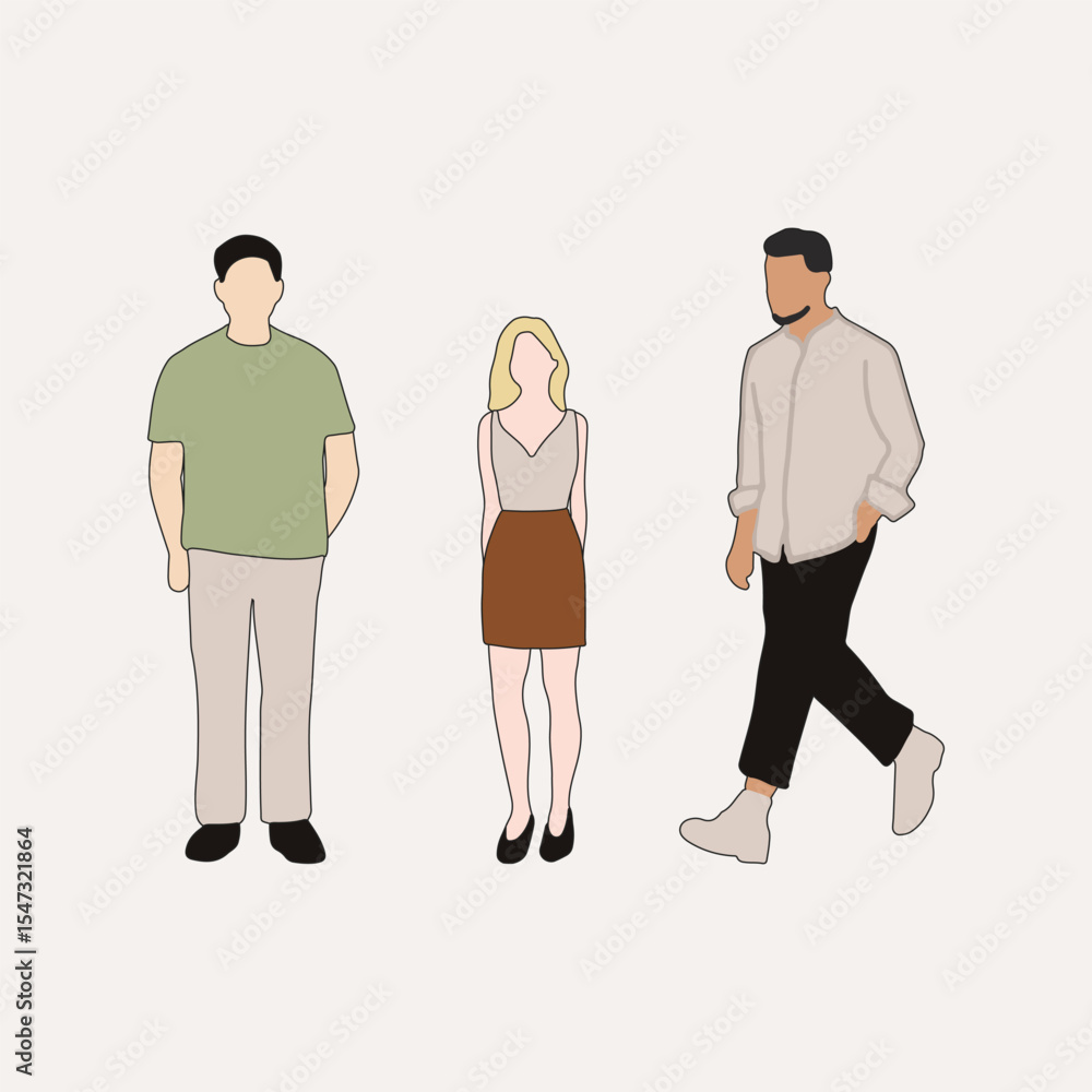 Fototapeta premium flat minimal people male and female vector illustration in spring summer clothing with outline concept isolated set collection. For architecture rendering, graphic design, info graphic, media